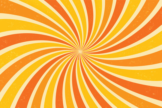 Retro Groovy Swirl Starburst Background with Vintage Spiral Yellow Sun Rays. Abstract Illustration of Wavy Sunburst Pattern with Orange and Cream Curved Lines for 70s Style Graphic Design Vector.