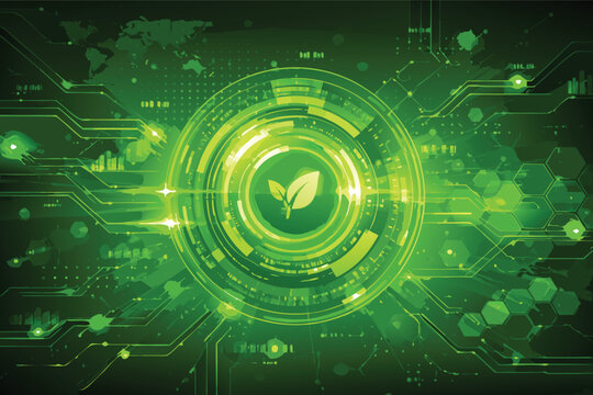 Green Futuristic Technology Background with Digital Circuits, Glowing Interface Elements, Abstract Leaf Icon for Eco-Friendly Sustainability, Renewable Energy, and Global Environmental Innovation.