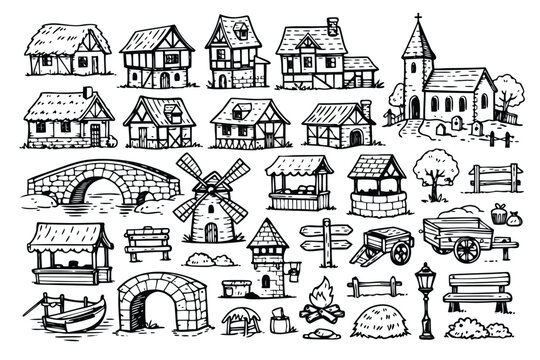 Medieval Village Constructor Set Featuring Hand-Drawn Black and White Sketches of Half-Timbered Houses, a Church, Stone Bridges, a Windmill, Market Stalls, a Well, and Historical Town Elements.