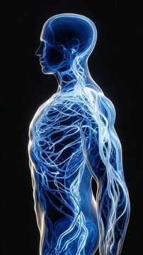 Human Nervous System Illuminated: A striking 3D illustration showcases the intricate network of the human nervous system, glowing with a vibrant blue light against a dark background.