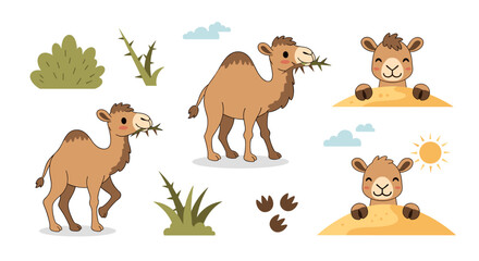 Fototapeta premium Set of cute camels in desert landscape, isolated elements for gaming, sand dunes, sun, dry bushes and tracks, vector illustration