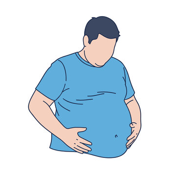 Overweight man in blue t-shirt holding his belly with both hands, depicting obesity and health concerns, isolated on white