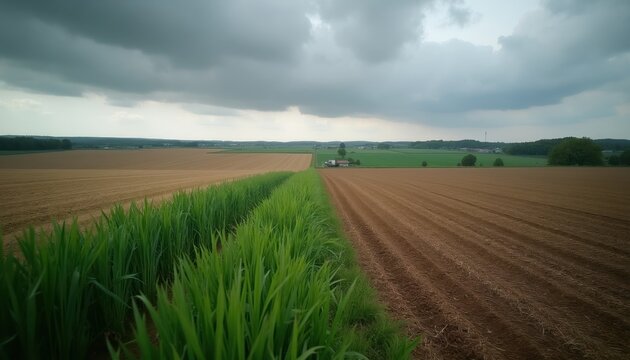 Vast agricultural fields under cloudy sky. Brown soil rows and green grass border a farmstead in distance. Peaceful rural landscape stretches to horizon line.