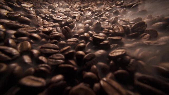 Wide angle sliding shot of roast coffee beans with gentle smoke on a dark background. Fresh coffee beans roasting with aromatic steam slow motion video 120 fps. 
