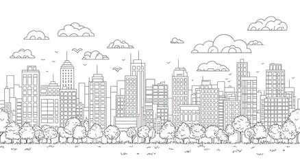 Naklejka premium HD monochrome city illustration with modern skyscrapers and park wallpaper