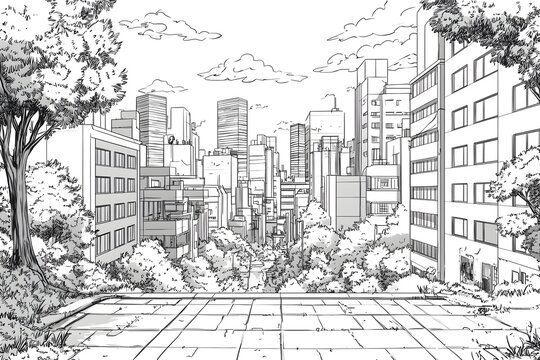 HD monochrome city skyline illustration with trees and buildings image