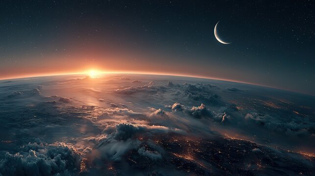 Orbital View of Earth at Sunrise, With Crescent Moon, Starry Sky, Cloud Formations and Glowing City Lights