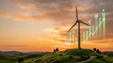 Obraz premium Renewable energy from wind turbine supports sustainability with green technology and growth charts symbolizing progress in clean power and environmental care at sunset