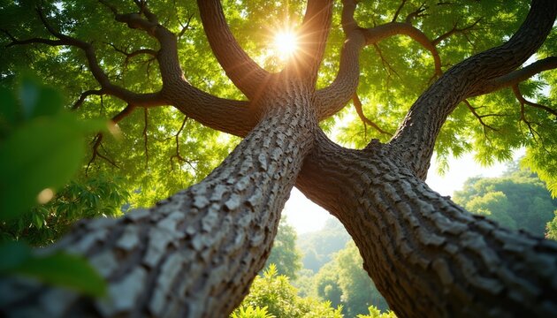 Two tree trunks with bark texture grow upwards, branches intertwining under bright sun flare. Green leaves create canopy, sunlight shines through foliage.