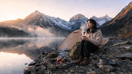 Fototapeta premium Young Asian woman sitting by a campfire at a lakeside mountain campsite at sunrise for asian camping and travel