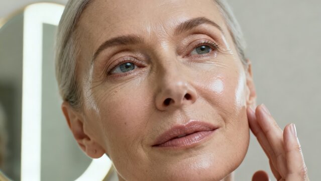 Healthy senior woman 50s smiling with radiant face skin care beauty and wellness spa concept