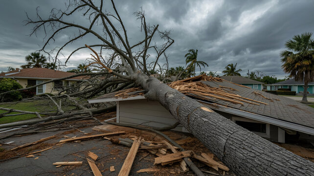 Large fallen tree crushing a house roof after a hurricane causing major property loss and destruction