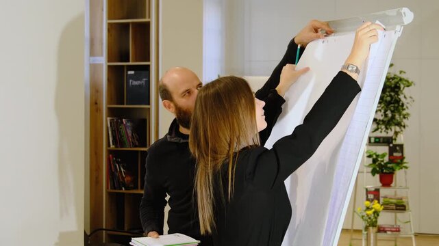 Young woman with tutor hang empty paper sheet on whiteboard in library. Student and mature mentor attach clean canvas in bookstore