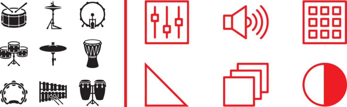 Music production and percussion instrument vector icon set featuring drums cymbals and audio control symbols