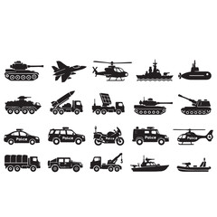 Military and police vehicle silhouette icon set isolated on white background. Collection of tanks, helicopters, fighter jets, ships, trucks, patrol cars, motorcycles and submarines. © Makhsum