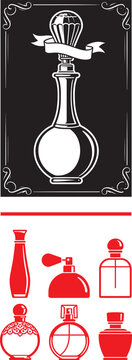 Vintage perfume bottle vector icons set with retro fragrance flacons and cosmetic spray designs for beauty branding