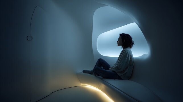 Modern isolation pod or quiet zone with a person &Otilde;&para;&Otilde;&frac12;&Otilde;&iquest;ing comfortably, smooth curved surfaces and soft lighting, sophisticated no signal symbol displayed as a design element, concept of escaping