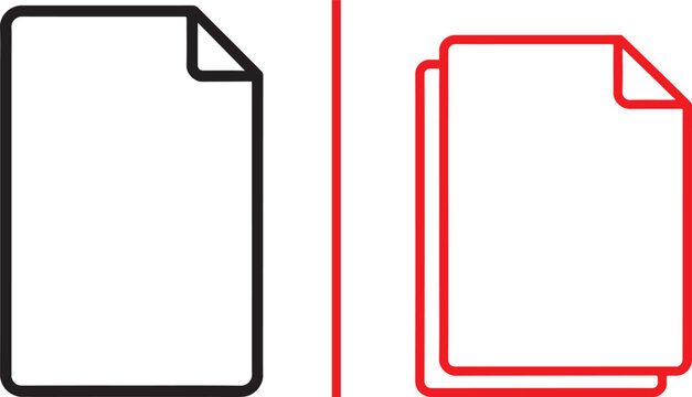Document and duplicate file vector icons with folded corner in black and red outline style for office and data management