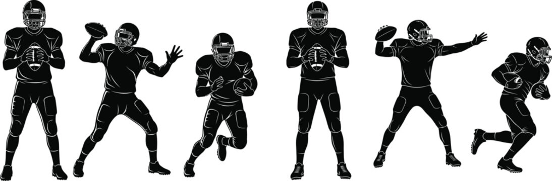 American football players silhouette set depicting various game actions on a white background