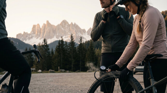 Trailhead parking lot full of cyclists gearing up at sunrise, helmet straps clicking, tire pressure gauges hissing, mountain peaks visible b