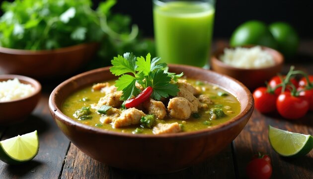 Green pozole soup with chicken served in wooden bowl. Garnished with parsley chili pepper. Side dishes include rice lime tomatoes. Refreshing green drink.