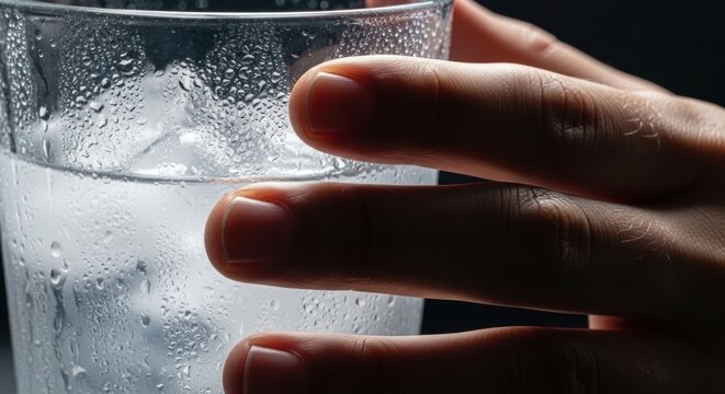 Close up of hand holding a glass of ice water against a dark background