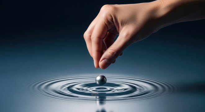 Hand dropping sphere into water creates ripples against a dark backdrop
