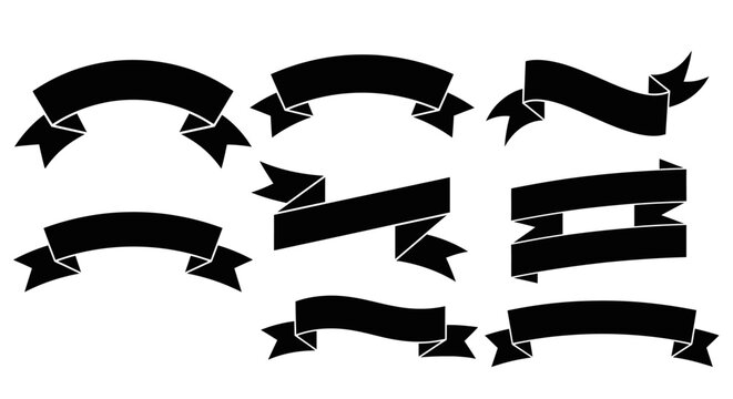 Set of Black Ribbon Banners and Scrolls, isolated white background
