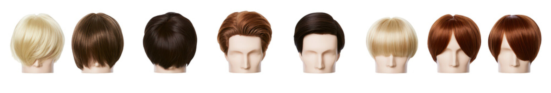 A row of mannequin heads with different hairstyles on transparent background