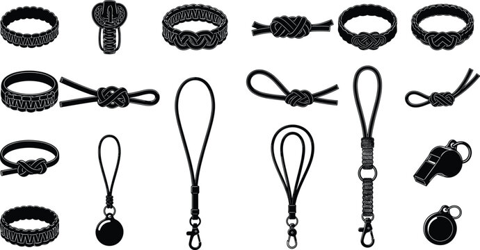 Paracord bracelet silhouette icons, survival rope lanyard, braided cord keychain, knot strap with whistle, outdoor gear accessories set isolated on white background.