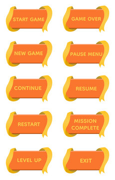 Orange Yellow Ribbon Game UI Button Collection with Futuristic Curved Ribbon Frame, Modern Gaming Interface Elements, Start Game Pause Menu Resume Restart Level Up Buttons Set, Transparent Background 