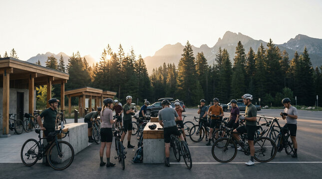 Trailhead parking lot full of cyclists gearing up at sunrise, helmet straps clicking, tire pressure gauges hissing, mountain peaks visible b 2