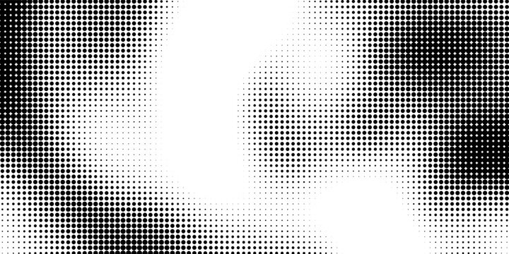 Radial halftone spotted gradient background. Dotted stains concentric texture with fading effect. Black and white circle shade wallpaper. Grunge rough vector. Monochrome geometric backdrop.