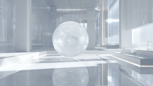 Abstract transparent sphere floating in modern architectural space