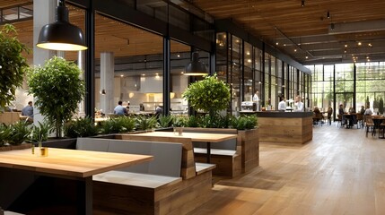 Fototapeta premium A modern interior space features large glass partitions decorated with lush potted plants and wooden architectural elements