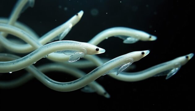 Group of transparent glass eels swim in dark water. Small slender fish show internal structure. Juvenile aquatic animals in marine or fresh water.