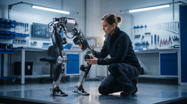 Robotics engineer crouching beside a partially assembled bipedal exoskeleton frame on a steel workshop floor, overhead fluorescent beams hig 3