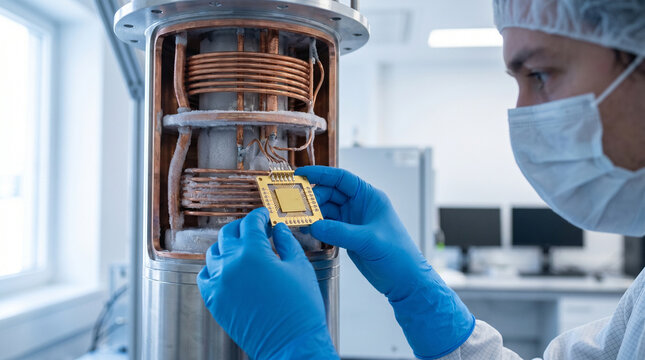 Quantum computing researcher pressing gloved fingertips to a superconducting chip mounted in a cryogenic dilution refrigerator chamber, fros 3