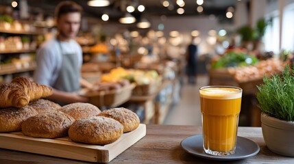 Fototapeta premium A person in an apron stands behind a wooden surface displaying fresh ingredients and a glass of juice in a bright indoor setting