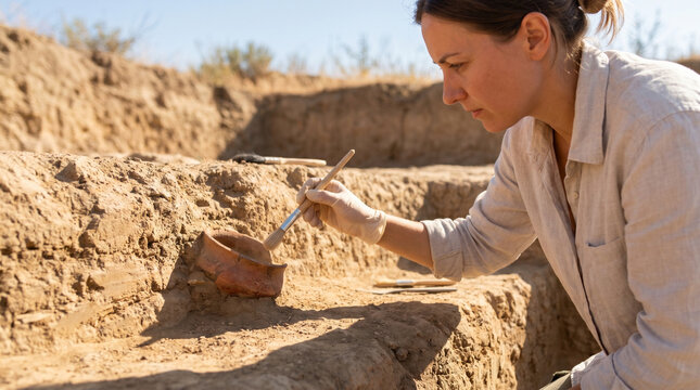 Archaeologist brushing compacted sediment layers from a bronze-age ceramic shard at a sun-baked excavation pit, harsh midday sun casting sha 3