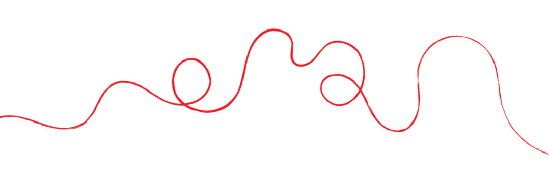 Red thread isolates on a white background. Red thread looped in a circle form, symbolizing vector. Line of red yarn, long red thread. EPS 10 .
