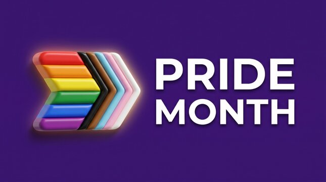 Pride Month typography on purple background, 3D rainbow arrow icon with LGBTQ+ progress flag colors, inclusive pride celebration banner