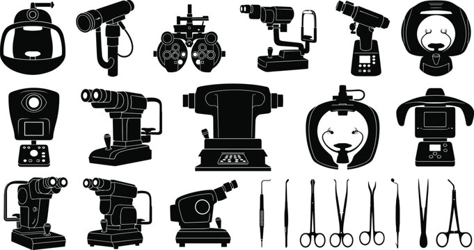 Set of ophthalmology equipment silhouettes, optometry phoropter machines, slit lamps, eye examination tools, and surgical instruments isolated on white background, icons.