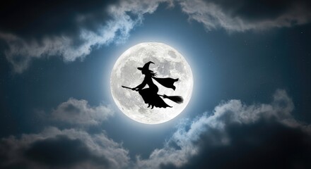 Fototapeta premium Witch Silhouette Flying on Broomstick in Front of Full Moon