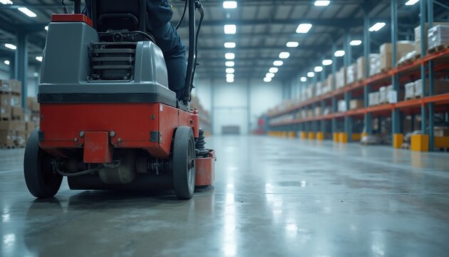 Worker operates floor buffer machine in large warehouse. Operator cleans concrete surface near tall shelves stacked with cargo boxes. Logistics industry, pro tidiness.