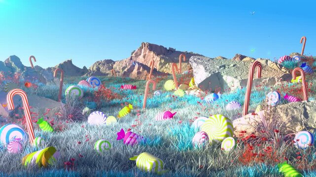 Surreal Candy Landscape with Colorful Sweets and Butterflies Loop