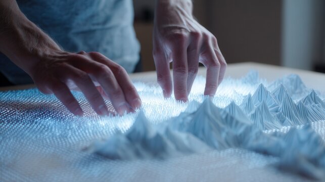 Hands tracing mountainous data topography, researcher mapping peaks and ridges with precise touch, analyzing contours and measurements on tactile white model under clinical light.