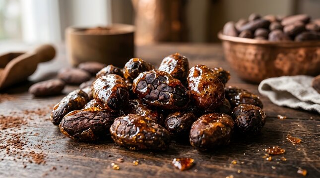 Pile Of Sweet Chocolate Covered Dates With Glossy Glaze On Rustic Wooden Surface Surrounded By Cocoa Beans And Powder