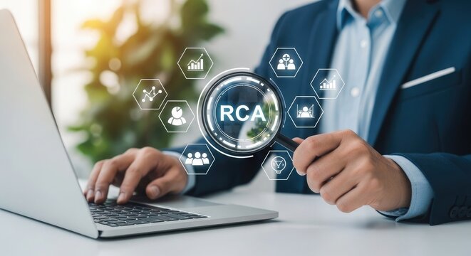 Businessman analyzing data with root cause analysis rca on laptop