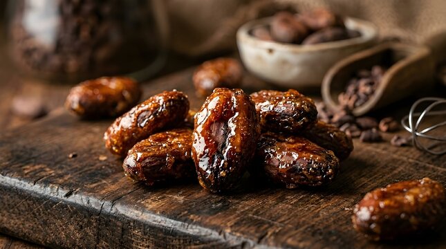 Gourmet Chocolate Covered Dates Close Up On Rustic Wooden Board Rich Dark Sweet Snack Healthy Dessert Ingredient Food Photography